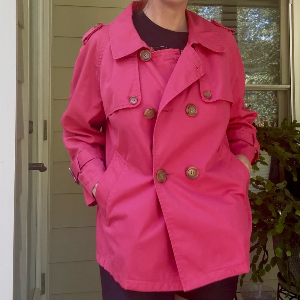 LOFT Bright Pink Crop Trench Coat | Double-breasted | Size Large | Preppy Chic